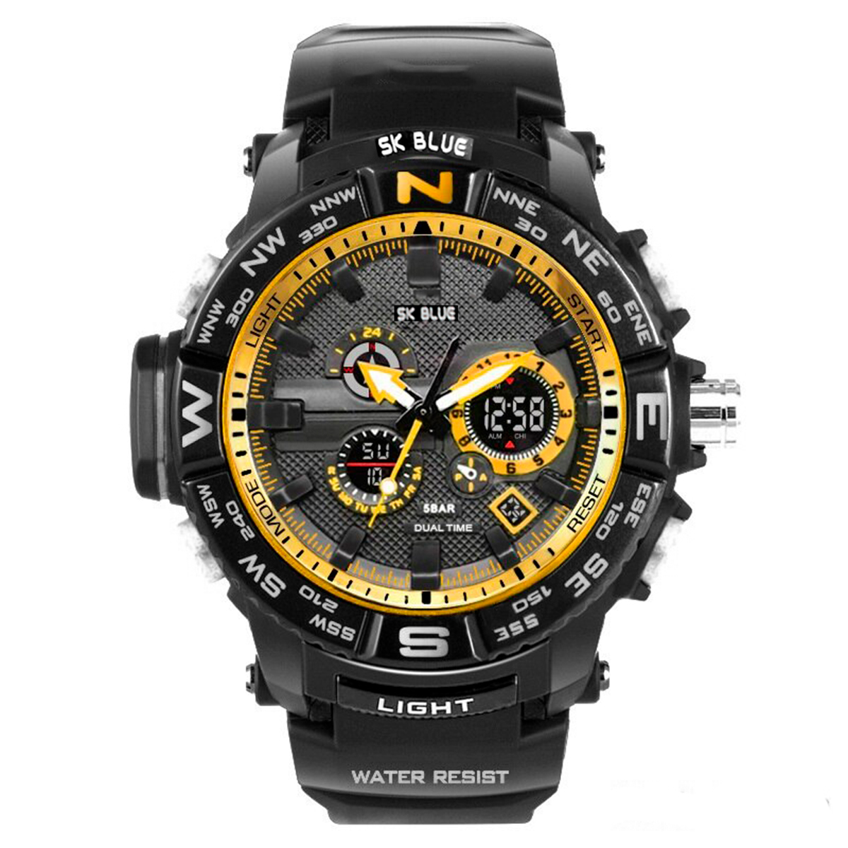 Reloj Caballero Shock Impermeable Digital Led Doble Hora Orientacion Amarillo + Estuche